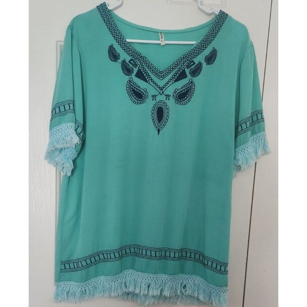 IRE Blouse Women L V-Neck Short Sleeve Fringe Boho Casual  Embroidered Teal Navy